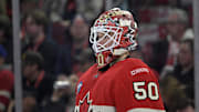 Feb 15, 2025; Montreal, Quebec, CAN; [Imagn Images direct customers only] Team Canada goalie Jordan Binnington (50) in the third period during a 4 Nations Face-Off ice hockey game against Team United States at the Bell Centre. Mandatory Credit: Eric Bolte-Imagn Images