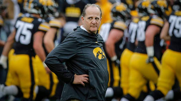 Iowa defensive coordinator Phil Parker runs warm-up drills prior to kickoff against Purdue on Saturday, Oct. 19, 2019, at Kinnick Stadium in Iowa City.

20191019 Iowavspurdue