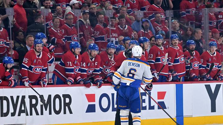 May 10, 2026; Montreal, Quebec, CAN; Buffalo Sabres forward Zach Benson (6) chirps at the Montreal Canadiens bench during the third period in game three of the second round of the 2026 Stanley Cup Playoffs at the Bell Centre. Mandatory Credit: Eric Bolte-Imagn Images