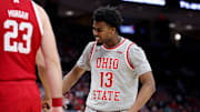 Mar 4, 2025; Columbus, Ohio, USA; Ohio State Buckeyes forward Sean Stewart (13) celebrates a basket during the second half against the Nebraska Cornhuskers at Value City Arena. Mandatory Credit: Joseph Maiorana-Imagn Images