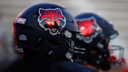 Oct 7, 2021; Jonesboro, Arkansas, USA; Arkansas State Red Wolves Helmet at Centennial Bank Stadium. Mandatory Credit: Petre Thomas-Imagn Images