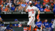 Jun 30, 2024; Baltimore, Maryland, USA; Baltimore Orioles outfielder Austin Hays (21) scores a run during the fourth inning against the Texas Rangers at Oriole Park at Camden Yards. 