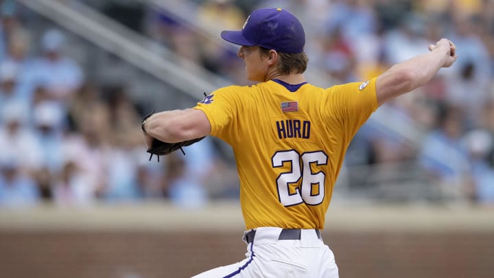 Jun 2, 2024; Chapel Hill, NC, USA; Louisiana State Tigers pitcher Thatcher Hurd (26) pitches against the North Carolina Tar Heels during the Div. I NCAA baseball regional at Boshamer Stadium.  Mandatory Credit: Jeffrey Camarati-USA TODAY Sports
