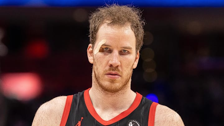 Mar 31, 2026; Detroit, Michigan, USA; Toronto Raptors Jakob Poeltl (19) walks up court against the Detroit Pistons during the second half at Little Caesars Arena. Mandatory Credit: David Reginek-Imagn Images