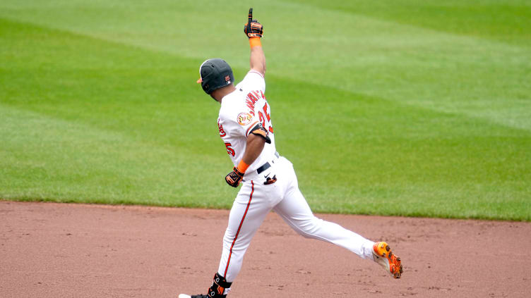 Miami Marlins v Baltimore Orioles: Orioles outfielder Anthony Santander celebrates while rounding the bases after hitting a home run