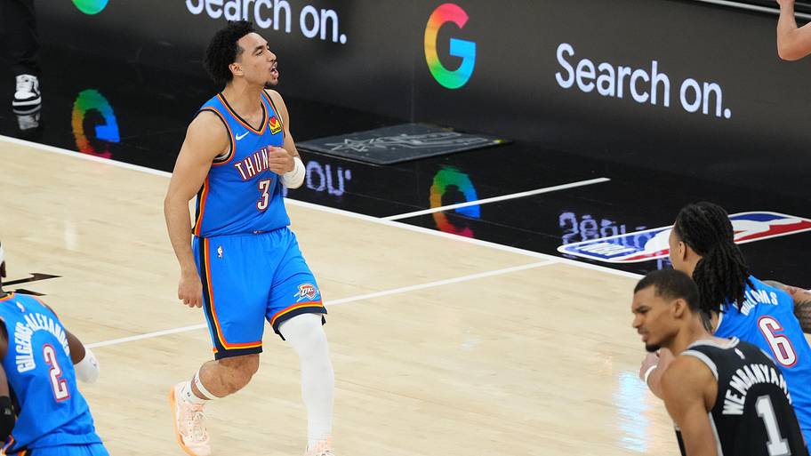 Thunder guard Jared McCain reacts against the Spurs in Game 3 of the Western Conference finals.