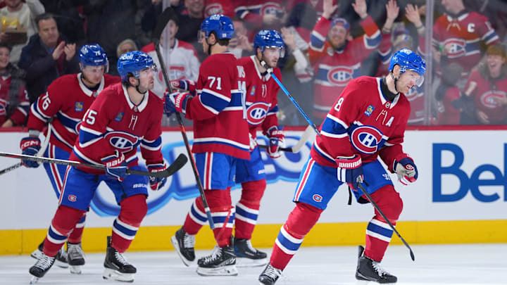 Feb 28, 2026; Montreal, Quebec, CAN; Montreal Canadiens defenseman Mike Matheson (8) celebrates with teammates after scoring a goal against the Washington Capitals during the second period at the Bell Centre. Mandatory Credit: Eric Bolte-Imagn Images