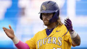 Jun 2, 2024; Chapel Hill, NC, USA;  Louisiana State Tigers third baseman Tommy White (47) reacts to getting a base hit in the fifth inning against the North Carolina Tar Heels during the Div. I NCAA baseball regional at Boshamer Stadium.  Mandatory Credit: Jeffrey Camarati-USA TODAY Sports

