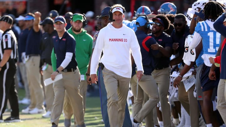 Oct 23, 2021; Oxford, Mississippi, USA; Mississippi Rebels head coach Lane Kiffin walks along the sideline during the first half against the LSU Tigers at Vaught-Hemingway Stadium. Mandatory Credit: Petre Thomas-USA TODAY Sports