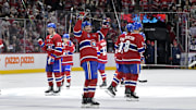 Apr 25, 2025; Montreal, Quebec, CAN; Montreal Canadiens defenseman Alexandre Carrier (45) celebrates the win against the Washington Capitals in game three of the first round of the 2025 Stanley Cup Playoffs at the Bell Centre. Mandatory Credit: Eric Bolte-Imagn Images