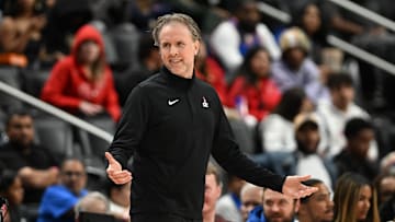 Oct 16, 2025; Detroit, Michigan, USA; Washington Wizards Head Coach Brian Keefe argues with officials during their game against the Detroit Pistons in the first quarter at Little Caesars Arena. Mandatory Credit: Lon Horwedel-Imagn Images