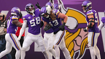 Dec 7, 2025; Minneapolis, Minnesota, USA; Minnesota Vikings outside linebacker Andrew van Ginkel (43) reacts after an interception against the Washington Commanders during the second half at U.S. Bank Stadium.