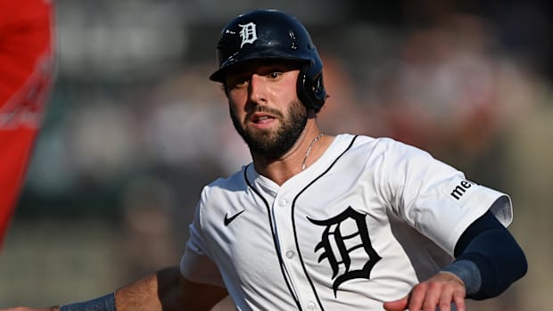 Matt Vierling of Detroit Tigers in home white uniform Matt Vierling of Detroit Tigers in home white uniform