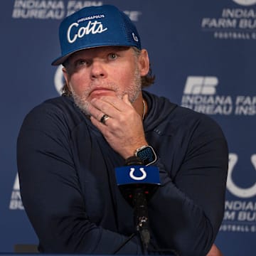 Indianapolis Colts General Manager Chris Ballard speaks to the media Thursday, Jan. 11, 2024 at the Indiana Farm Bureau Football Center, the Colts Complex.