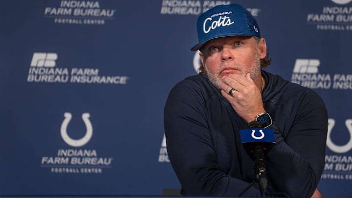 Indianapolis Colts General Manager Chris Ballard speaks to the media Thursday, Jan. 11, 2024 at the Indiana Farm Bureau Football Center, the Colts Complex.