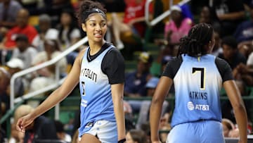 Chicago Sky forward Angel Reese looks on during the second half against the Washington Mystics at EagleBank Arena