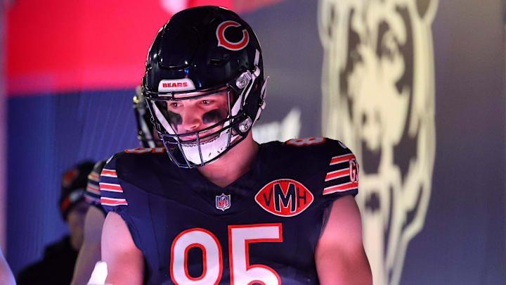 Dec 20, 2025; Chicago, Illinois, USA; Chicago Bears tight end Cole Kmet (85) takes the field before the game against the Green Bay Packers at Soldier Field. Mandatory Credit: Mike Dinovo-Imagn Images