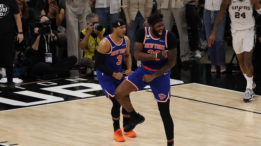New York Knicks center Mitchell Robinson reacts after defeating the San Antonio Spurs in Game 2 of the 2026 NBA Finals.