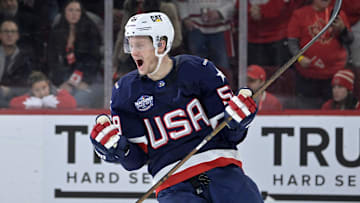 Feb 15, 2025; Montreal, Quebec, CAN; [Imagn Images direct customers only] Team United States forward Jake Guentzel (59) celebrates after scoring an empty net goal against Team Canada in the third period during a 4 Nations Face-Off ice hockey game at the Bell Centre. Mandatory Credit: Eric Bolte-Imagn Images