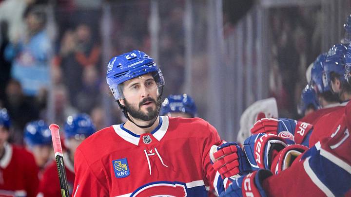Apr 7, 2026; Montreal, Quebec, CAN; Montreal Canadiens forward Philip Danault (24) celebrates with teammates after scoring a goal against the Florida Panthers during the third period at the Bell Centre. Mandatory Credit: Eric Bolte-Imagn Images