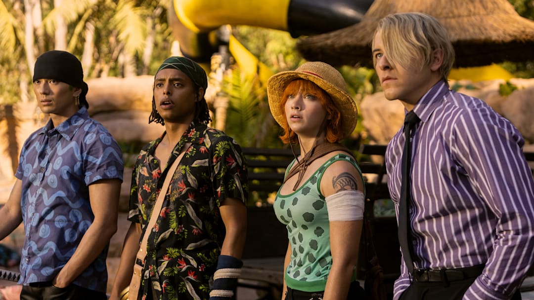 One Piece. (L to R) Mackenyu Arata as Roronoa Zoro, Jacob Romero Gibson as Usopp, Emily Rudd as Nami, Taz Skylar as Sanji in season 1 of One Piece. Cr. Casey Crafford/Netflix © 2023