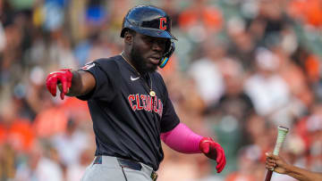 Jun 26, 2024; Baltimore, Maryland, USA; Cleveland Guardians outfield Jhonkensy Noel (43) reacts after hitting a home run during the second inning against the Baltimore Orioles at Oriole Park at Camden Yards. Mandatory Credit: Reggie Hildred-USA TODAY Sports