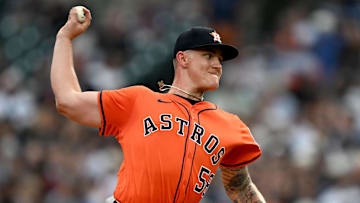 Aug 19, 2025; Detroit, Michigan, USA;  Houston Astros starting pitcher Hunter Brown (58) throws a pitch against the Detroit Tigers in the first inning at Comerica Park. 