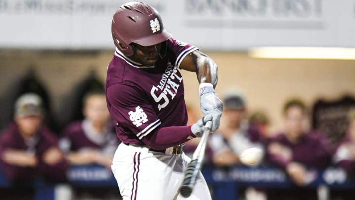 Mississippi State outfielder Dakota Jordan (42) singles against Ole Miss at Swayze Field in Oxford, Miss., on Friday, Apr. 12, 2024.