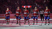 Apr 25, 2025; Montreal, Quebec, CAN; Montreal Canadiens during the National Anthem in game three of the first round of the 2025 Stanley Cup Playoffs against the Washington Capitals at the Bell Centre. Mandatory Credit: Eric Bolte-Imagn Images
