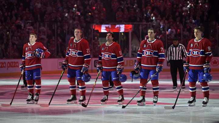 Apr 25, 2025; Montreal, Quebec, CAN; Montreal Canadiens during the National Anthem in game three of the first round of the 2025 Stanley Cup Playoffs against the Washington Capitals at the Bell Centre. Mandatory Credit: Eric Bolte-Imagn Images