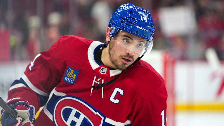 Jan 20, 2026; Montreal, Quebec, CAN; Montreal Canadiens forward Nick Suzuki (14) skates during the warmup before the game against the Minnesota Wild at the Bell Centre. Mandatory Credit: Eric Bolte-Imagn Images