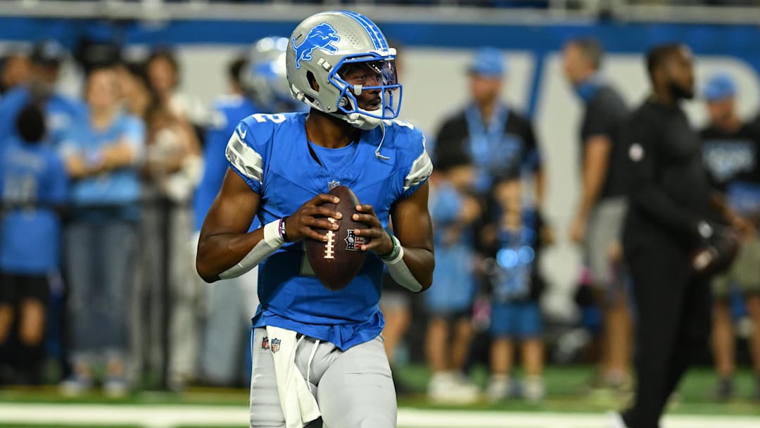 Aug 24, 2024; Detroit, Michigan, USA;  Detroit Lions quarterback Hendon Hooker (2) warms up before their game against the Pittsburgh Steelers at Ford Field.