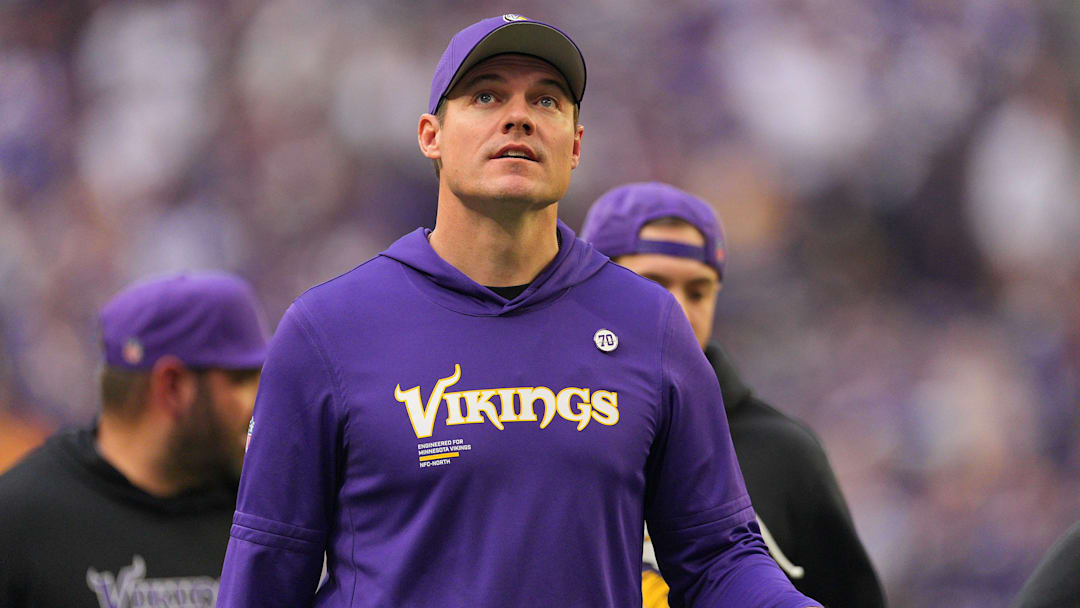 Dec 7, 2025; Minneapolis, Minnesota, USA; Minnesota Vikings head coach Kevin O'Connell during the first half at U.S. Bank Stadium. Mandatory Credit: Brad Rempel-Imagn Images