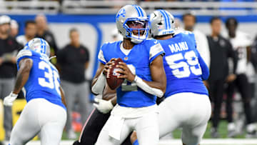Aug 23, 2025; Detroit, Michigan, USA; Detroit Lions quarterback Hendon Hooker (2) looks to pass the ball against the Houston Texans in the fourth quarter at Ford Field.