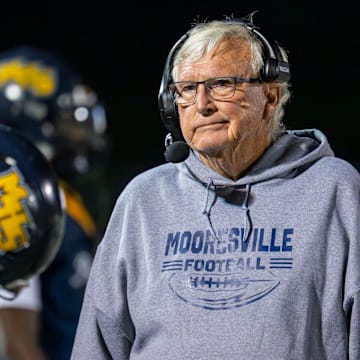 Mooresville High School head coach Mike Gillin during the second half of an IHSAA varsity football game against Plainfield High School, Friday, Sept. 5, 2025, at Mooresville High School.