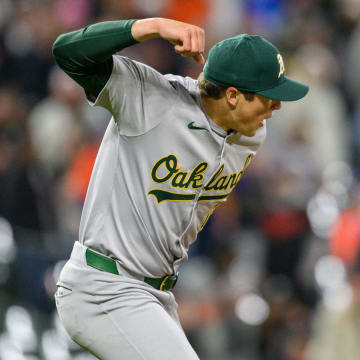 Apr 26, 2024; Baltimore, Maryland, USA; Oakland Athletics pitcher Mason Miller (19) reacts following the game between the Baltimore Orioles and the Oakland Athletics at Oriole Park at Camden Yards. Mandatory Credit: Reggie Hildred-USA TODAY Sports