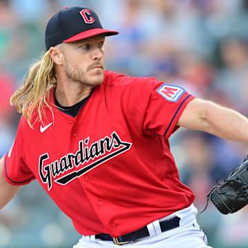 Aug 22, 2023; Cleveland, Ohio, USA; Cleveland Guardians starting pitcher Noah Syndergaard (34) throws a pitch during the first inning against the Los Angeles Dodgers at Progressive Field.
