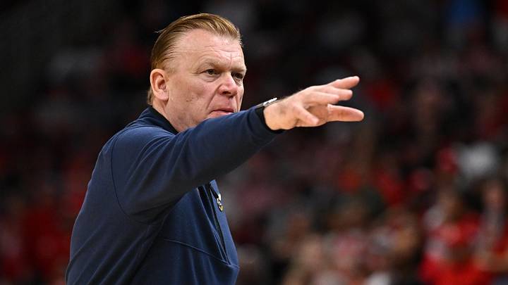 Mar 26, 2026; Houston, TX, USA; Illinois Fighting Illini head coach Brad Underwood reacts in the second half during a Sweet Sixteen game of the South Regional of the men's 2026 NCAA Tournament at Toyota Center. Mandatory Credit: Maria Lysaker-Imagn Images