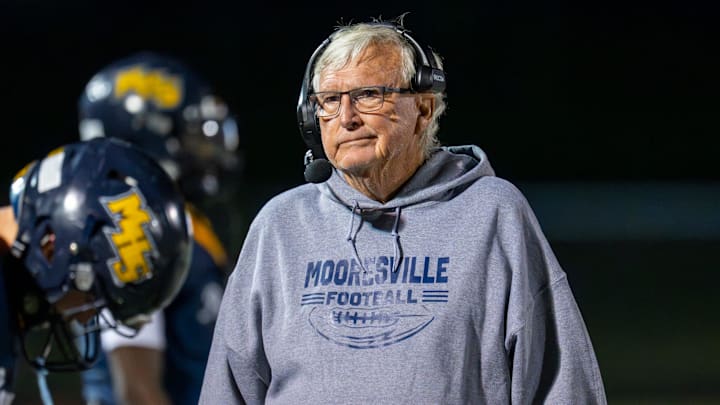 Mooresville High School head coach Mike Gillin during the second half of an IHSAA varsity football game against Plainfield High School, Friday, Sept. 5, 2025, at Mooresville High School.