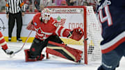 Feb 15, 2025; Montreal, Quebec, CAN; [Imagn Images direct customers only] Team Canada goalie Jordan Binnington (50) stops Team United States forward Auston Matthews (34) in the first period during a 4 Nations Face-Off ice hockey game at the Bell Centre. Mandatory Credit: Eric Bolte-Imagn Images