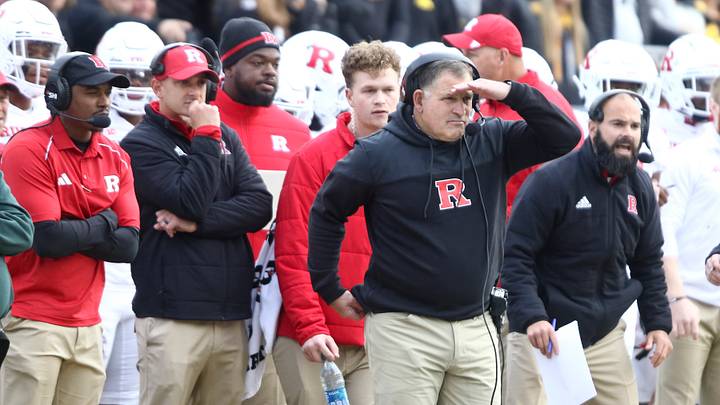 Head coach Greg Schiano of the Rutgers Scarlet Knights during the first half against the Iowa Hawkeyes at Kinnick Stadium on November 11, 2023 in Iowa City, Iowa.