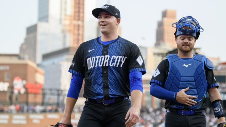 Jul 12, 2024; Detroit, Michigan, USA; Detroit Tigers starting pitcher Tarik Skubal (29) and catcher Jake Rogers (34) walk to the dugout in the fifth inning against the Los Angeles Dodgers at Comerica Park. Mandatory Credit: Lon Horwedel-USA TODAY Sports