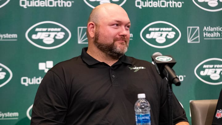 Apr 26, 2023; Florham Park, NJ, USA; New York Jets general manager Joe Douglas addresses the media during the introductory press conference for quarterback Aaron Rodgers (8) (not pictured) at Atlantic Health Jets Training Center.