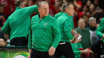 Feb 26, 2025; College Park, Maryland, USA; Michigan State Spartans head coach Tom Izzo reacts during the first half against the Maryland Terrapins at Xfinity Center. Mandatory Credit: Reggie Hildred-Imagn Images