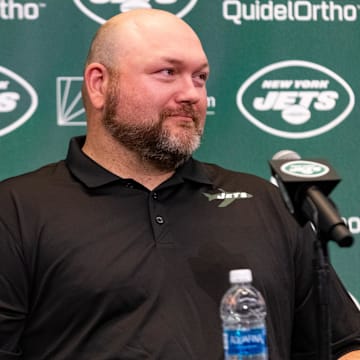 Apr 26, 2023; Florham Park, NJ, USA; New York Jets general manager Joe Douglas addresses the media during the introductory press conference for quarterback Aaron Rodgers (8) (not pictured) at Atlantic Health Jets Training Center. 