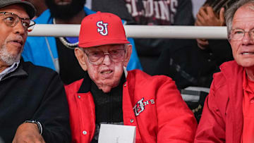 Rutgers vs St. Johns; St. John's basketball legend Lou Carnesecca watches the Red Storm play