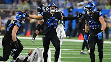 Sep 30, 2024; Detroit, Michigan, USA;  Detroit Lions linebacker Malcolm Rodriguez (44) celebrates after sacking Seattle Seahawks quarterback Geno Smith (7) in the second quarter at Ford Field. Mandatory Credit: Lon Horwedel-Imagn Images