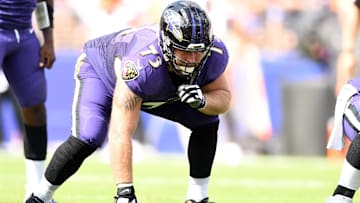 Sep 29, 2019; Baltimore, MD, USA;  Baltimore Ravens offensive guard Marshal Yanda (73) looks on during a football game against the Cleveland Browns in the second quarter at M&T Bank Stadium. Mandatory Credit: Mitchell Layton-Imagn Images