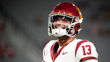 USC Trojans quarterback Caleb Williams (13) during the pregame warmup before playing the Arizona