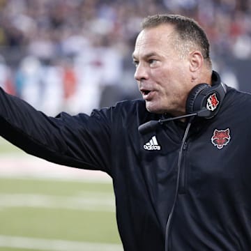 Oct 7, 2021; Jonesboro, Arkansas, USA; Arkansas State Red Wolves head coach Butch Jones gestures during the first half against the Coastal Carolina Chanticleers at Centennial Bank Stadium. Mandatory Credit: Petre Thomas-Imagn Images